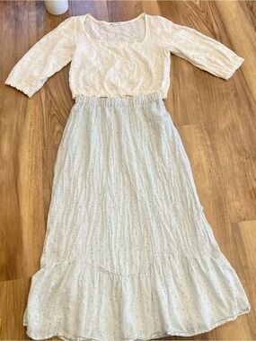 Jolt Cottage Core White Eyelet Top Light Blue Floral Cotton Blend Skirt Outfit